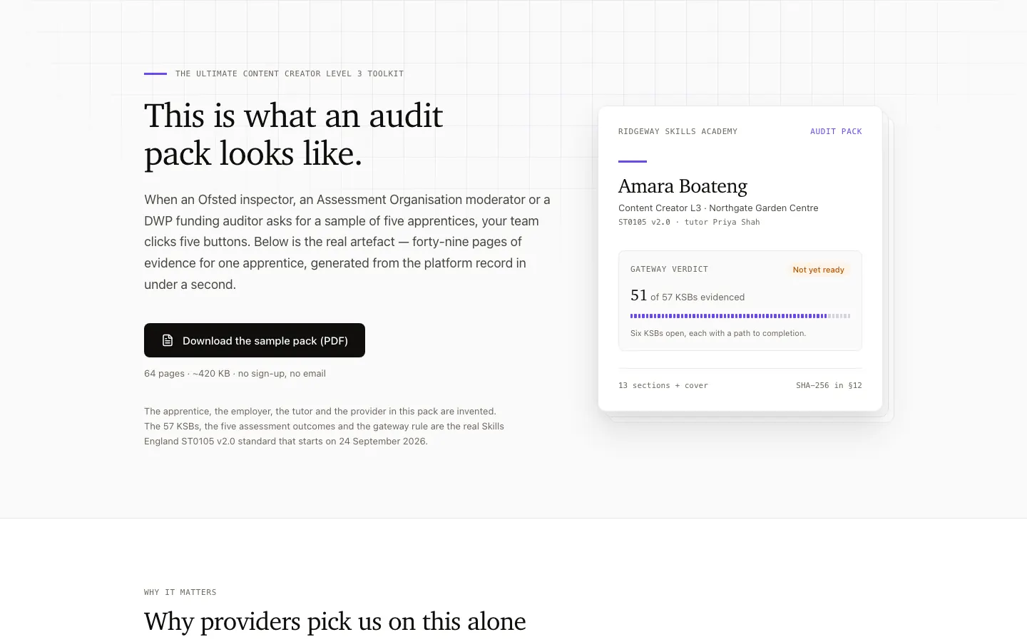 The audit-ready evidence pack: a PDF covering every KSB, review and off-the-job hour.