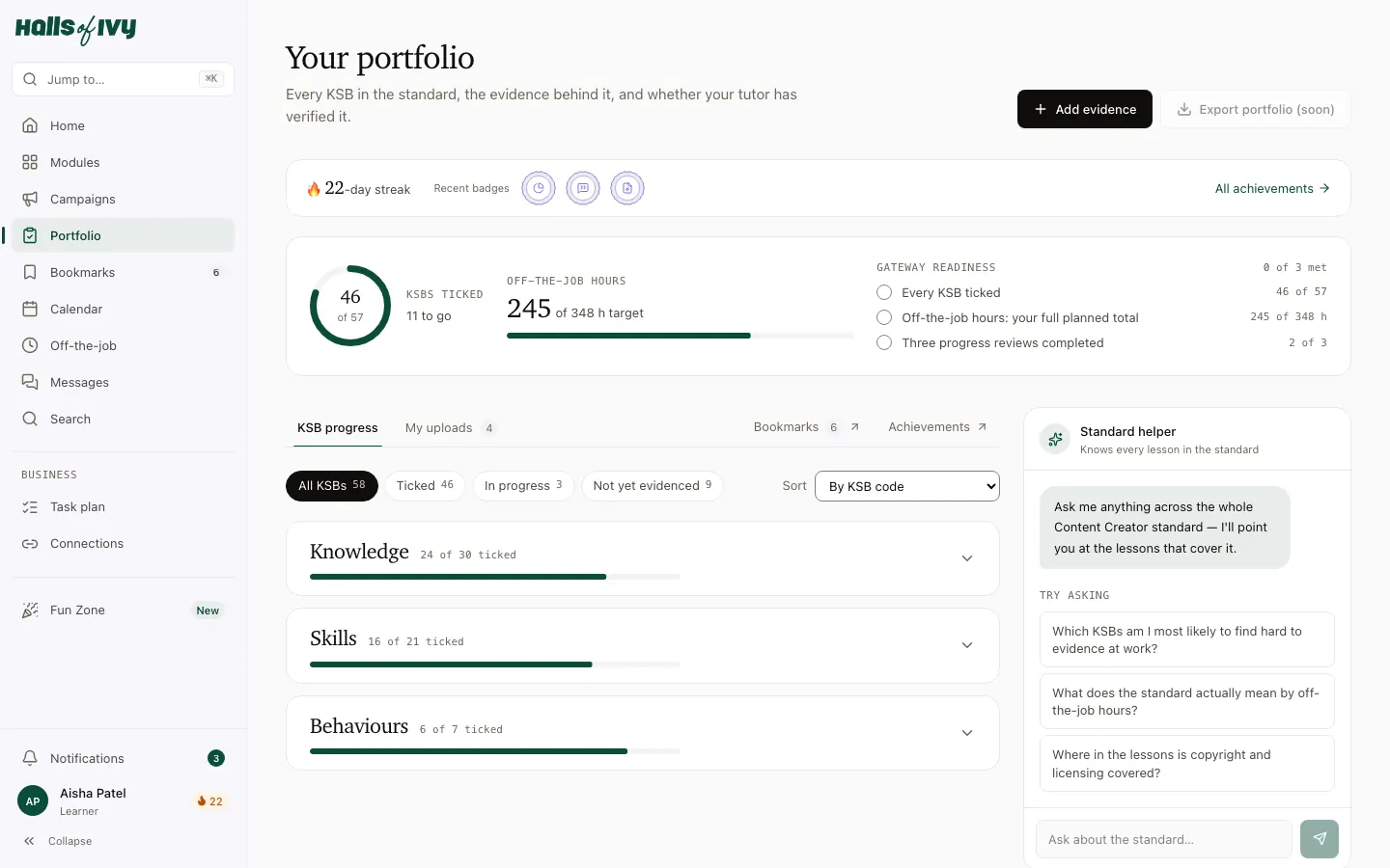 The portfolio: every KSB with the evidence behind it and whether the tutor has verified it.